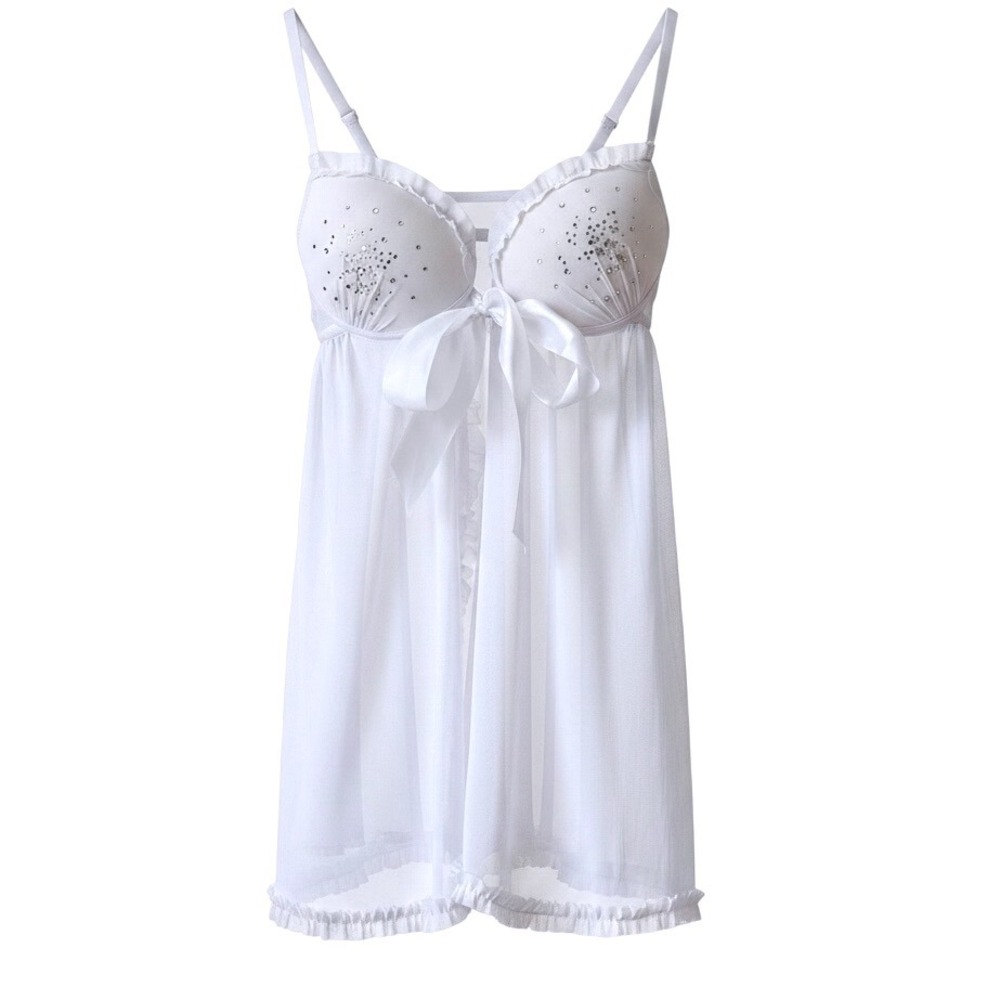 Frederick's of Hollywood Women White Babydoll Medium Rhinestone Bow Sheer Mesh